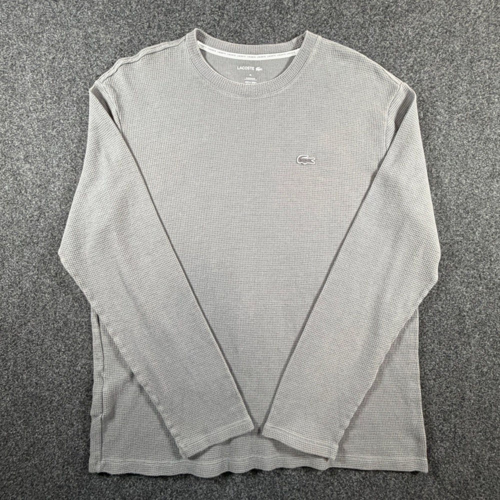 Lacoste Mens XL Gray Waffle Knit Thermal Long Sleeve Sleepwear Top Logo